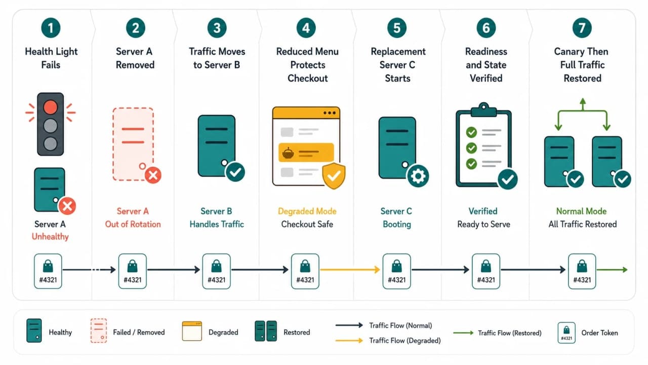 SnackNow incident timeline from failed health check through failover, graceful degradation, self-healing replacement, canary validation, and failback