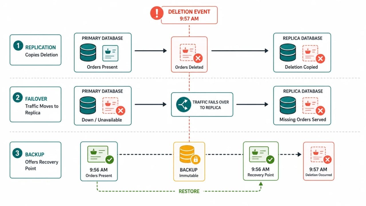 Three-lane SnackNow diagram showing a deleted order replicated to a replica, failover serving the same deletion, and backup restoring an earlier version