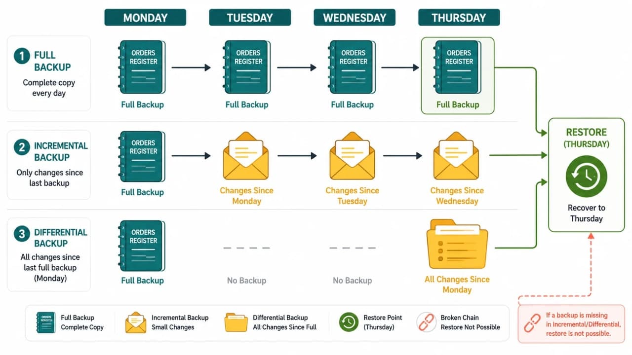 Monday to Thursday SnackNow backup calendar comparing full, incremental, and differential backup contents and restore paths
