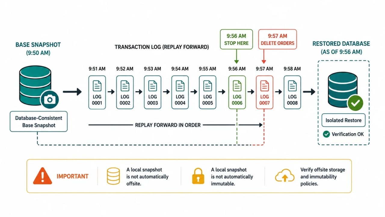 SnackNow point-in-time recovery timeline from base snapshot through transaction log replay to 9:56 AM before a 9:57 AM deletion