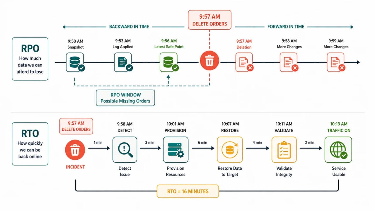 Two SnackNow incident clocks showing RPO backward from deletion to recovery point and RTO forward through restoration to usable service