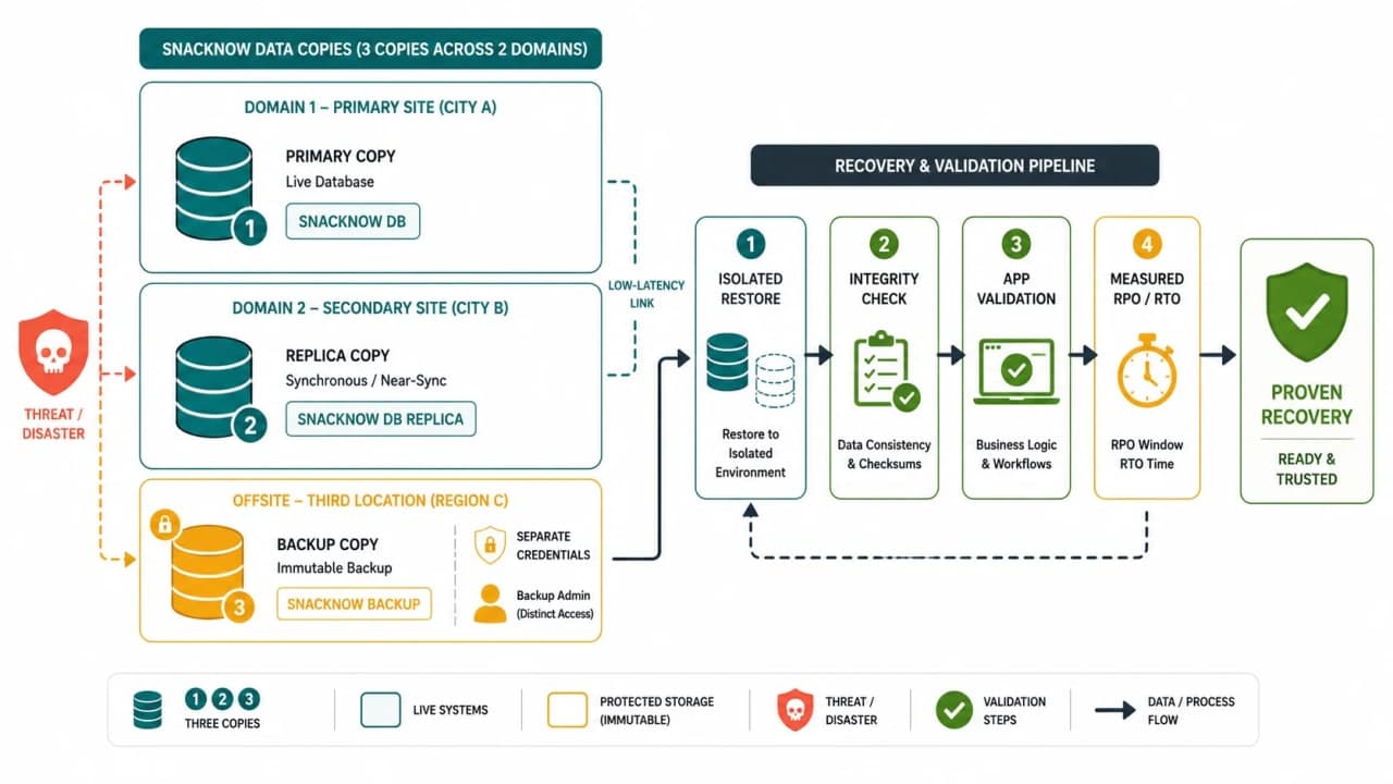 SnackNow 3-2-1 backup layout with immutable offsite copy flowing into isolated restore, integrity validation, application checks, and measured recovery
