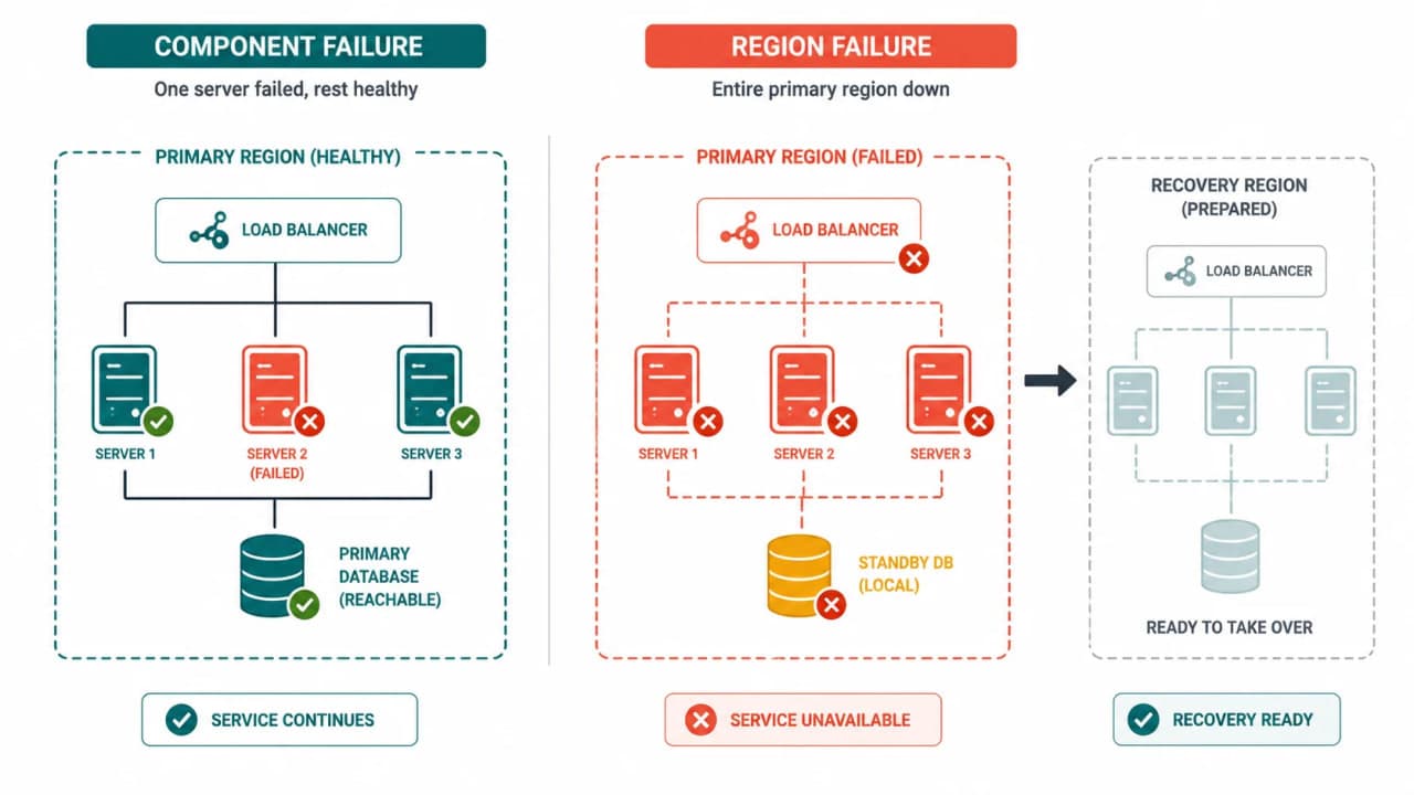 Comparison of one SnackNow server failing inside a healthy region and an entire region failure removing all local servers and databases