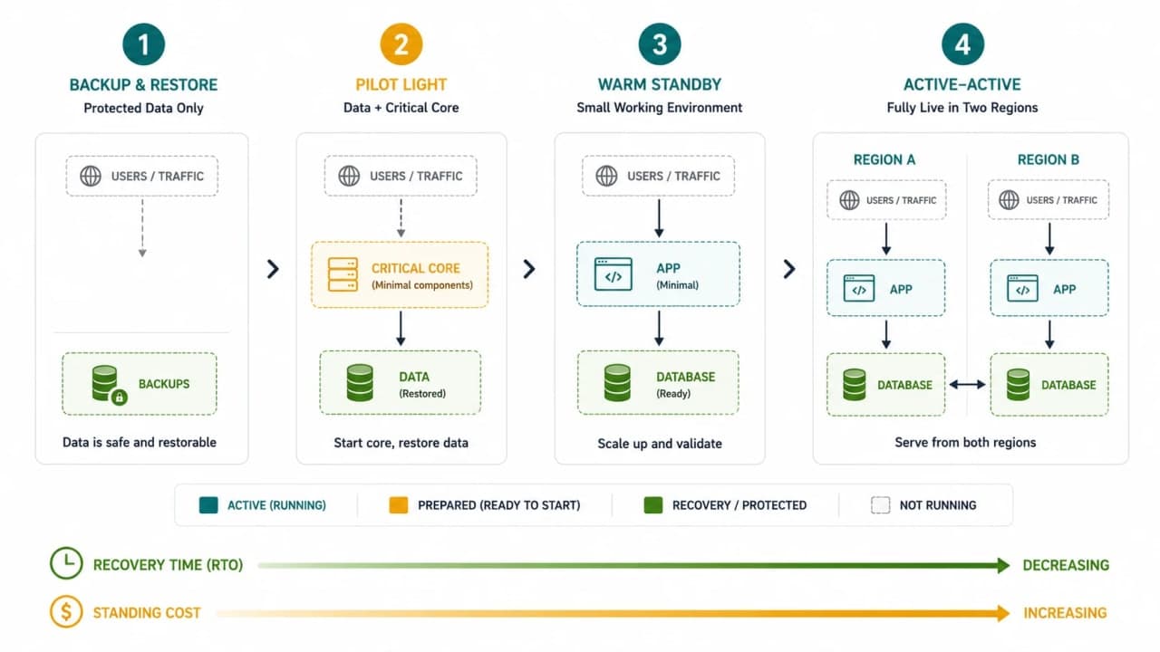 Disaster recovery readiness ladder comparing backup and restore, pilot light, warm standby, and active-active SnackNow environments