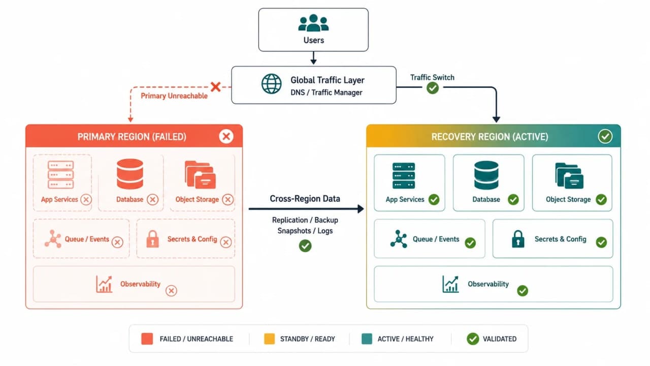 Two-region SnackNow architecture with global traffic routing from a failed primary region to a recovery region containing application, data, objects, configuration, and observability
