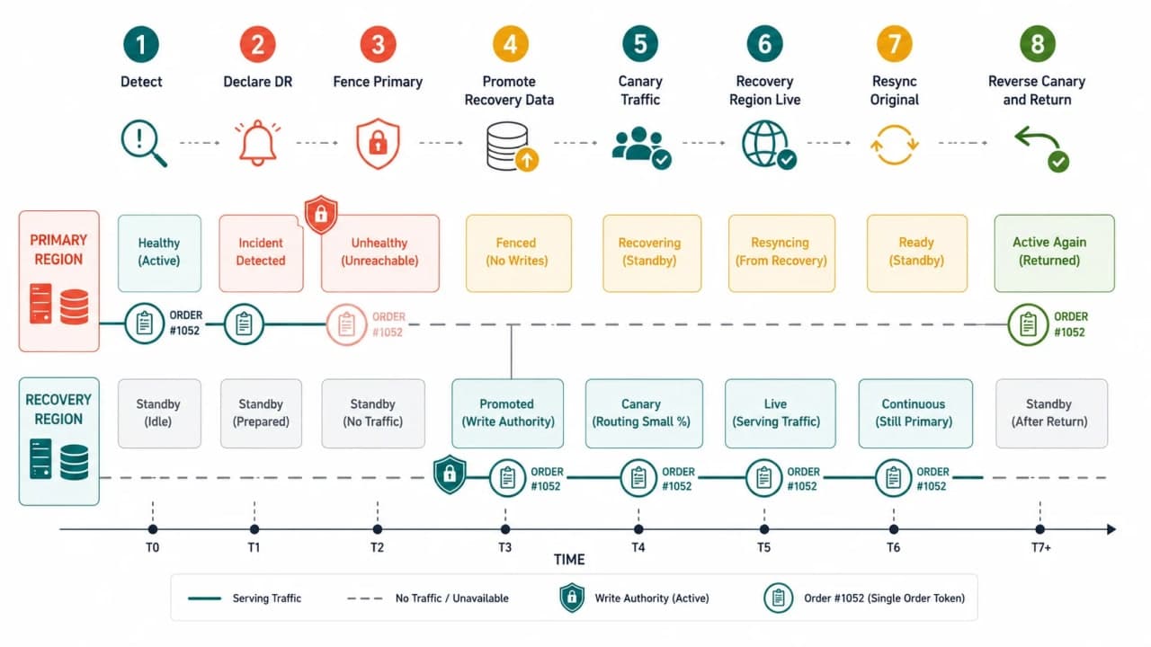 SnackNow regional failover and failback timeline from outage declaration through data promotion and traffic ramp to reconciliation and controlled return