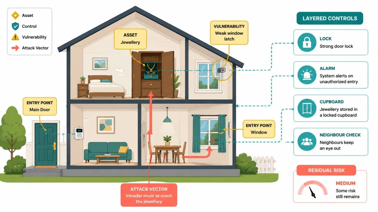 House security diagram mapping jewellery, doors and windows, a weak latch, burglary route, locks, alarm, and remaining risk to security concepts.