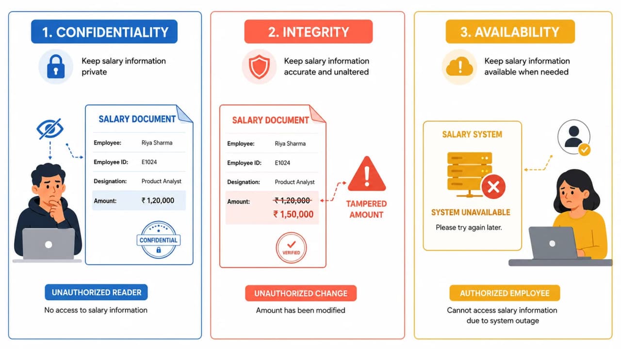 Three-panel diagram of one office salary file showing confidentiality exposure, integrity tampering, and availability outage.