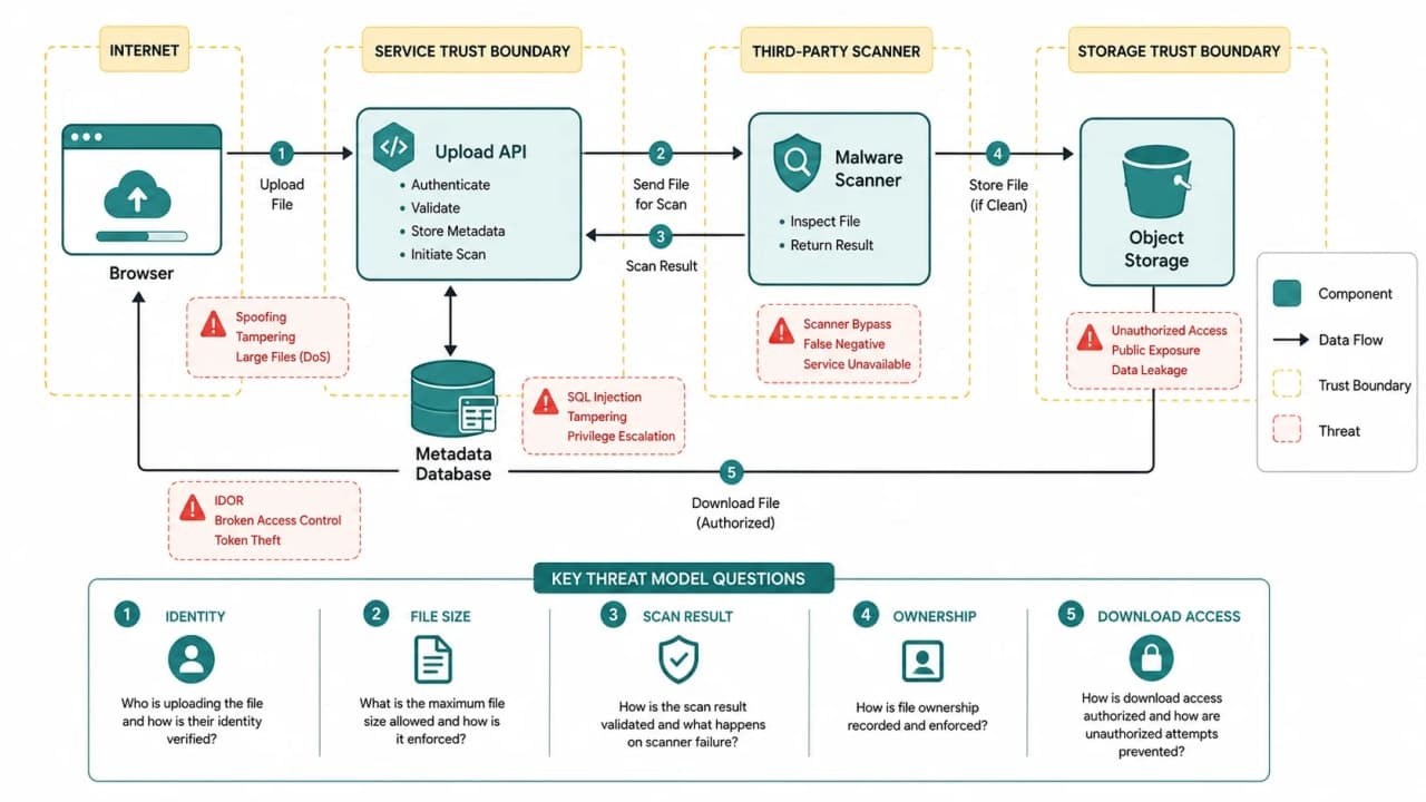 Threat model diagram of browser, upload API, malware scanner, object storage, and metadata database with marked trust boundaries.