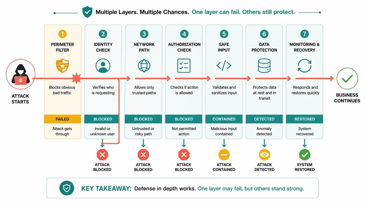 Layered security path showing identity, network, authorization, input safety, encryption, monitoring, and recovery controls stopping or detecting an attack.