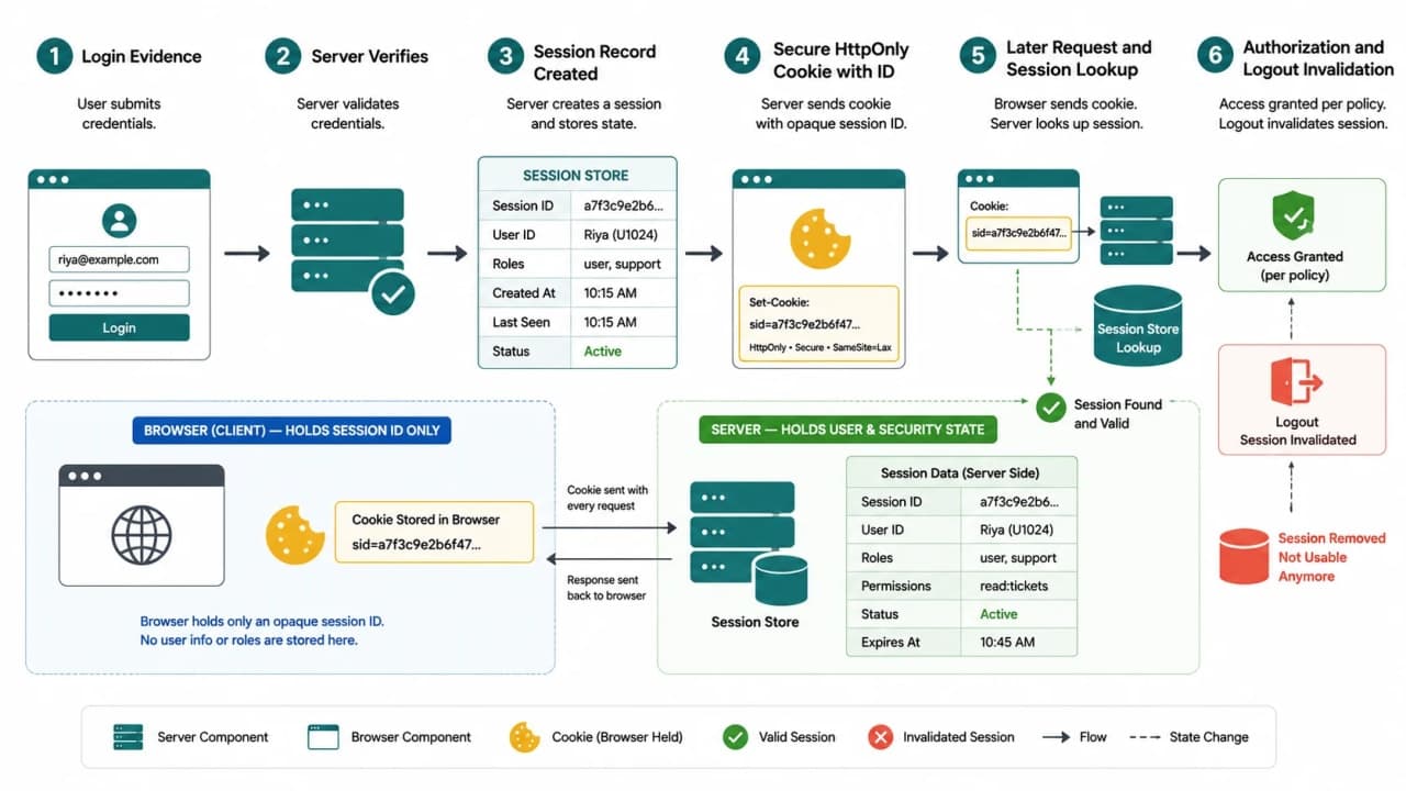 Session authentication flow showing login, server session record, secure browser cookie, request lookup, authorization, and logout invalidation.