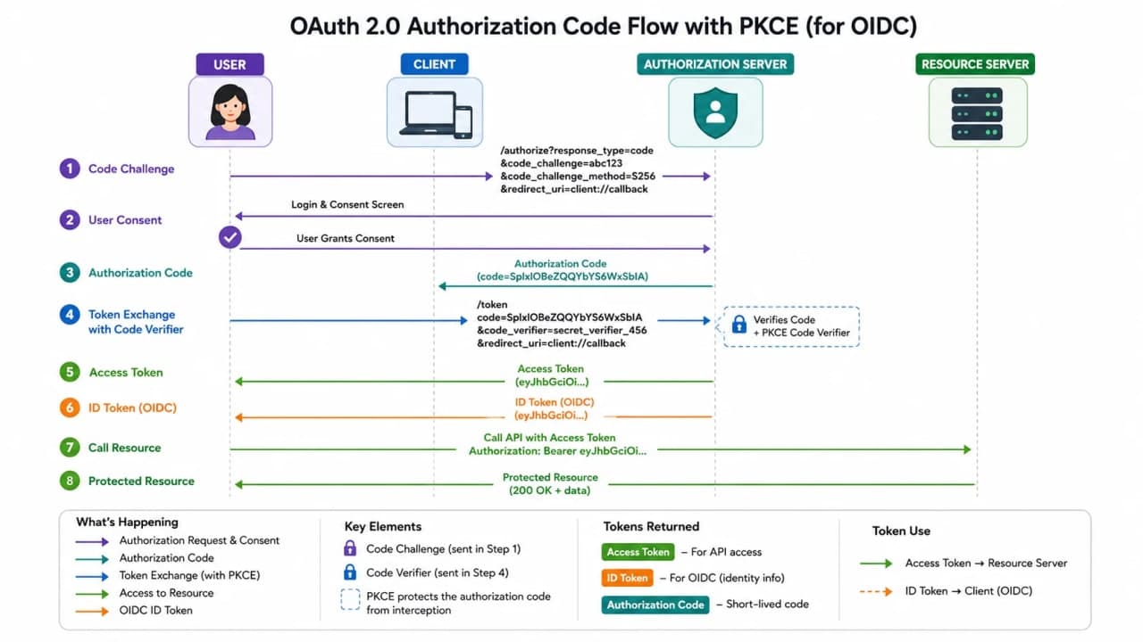 OAuth and OpenID Connect flow with user, client, authorization server, PKCE code exchange, access token, ID token, and resource server.