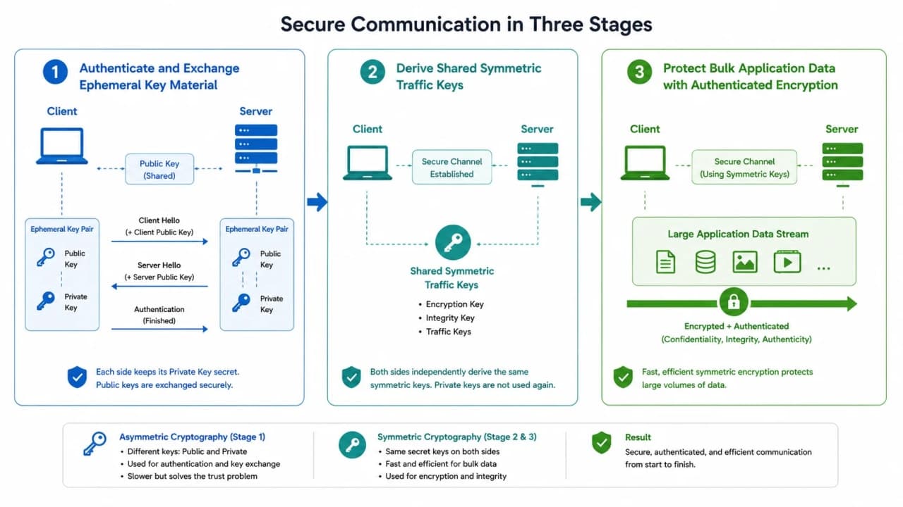 Hybrid cryptography diagram showing asymmetric authentication and key agreement deriving symmetric traffic keys for encrypted application data.
