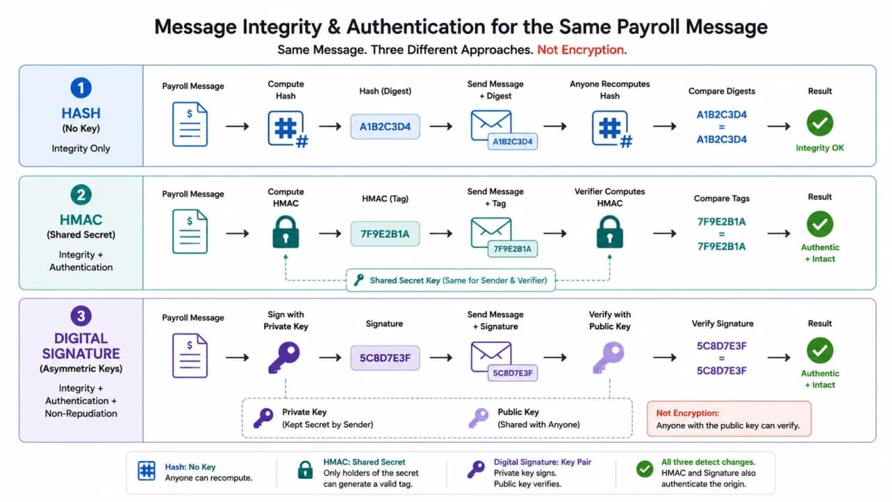Three-lane comparison of a plain hash, shared-secret HMAC, and private-key digital signature using the same payroll message.