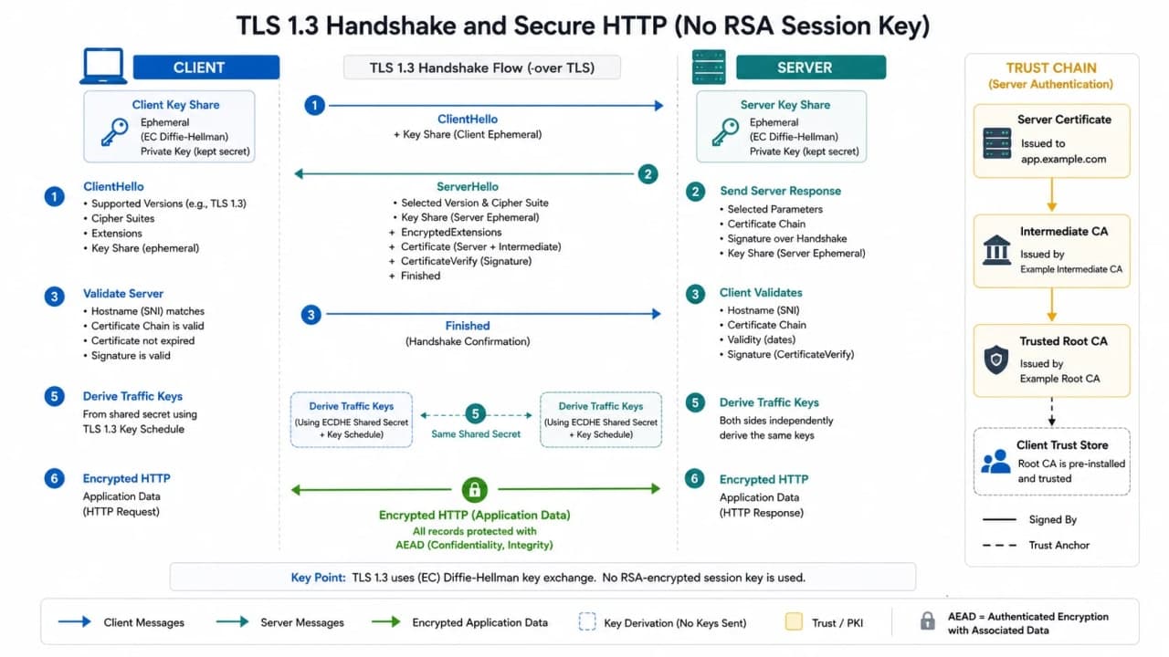 TLS 1.3 handshake showing client and server negotiation, certificate chain validation, ephemeral key agreement, traffic-key derivation, and encrypted HTTP.