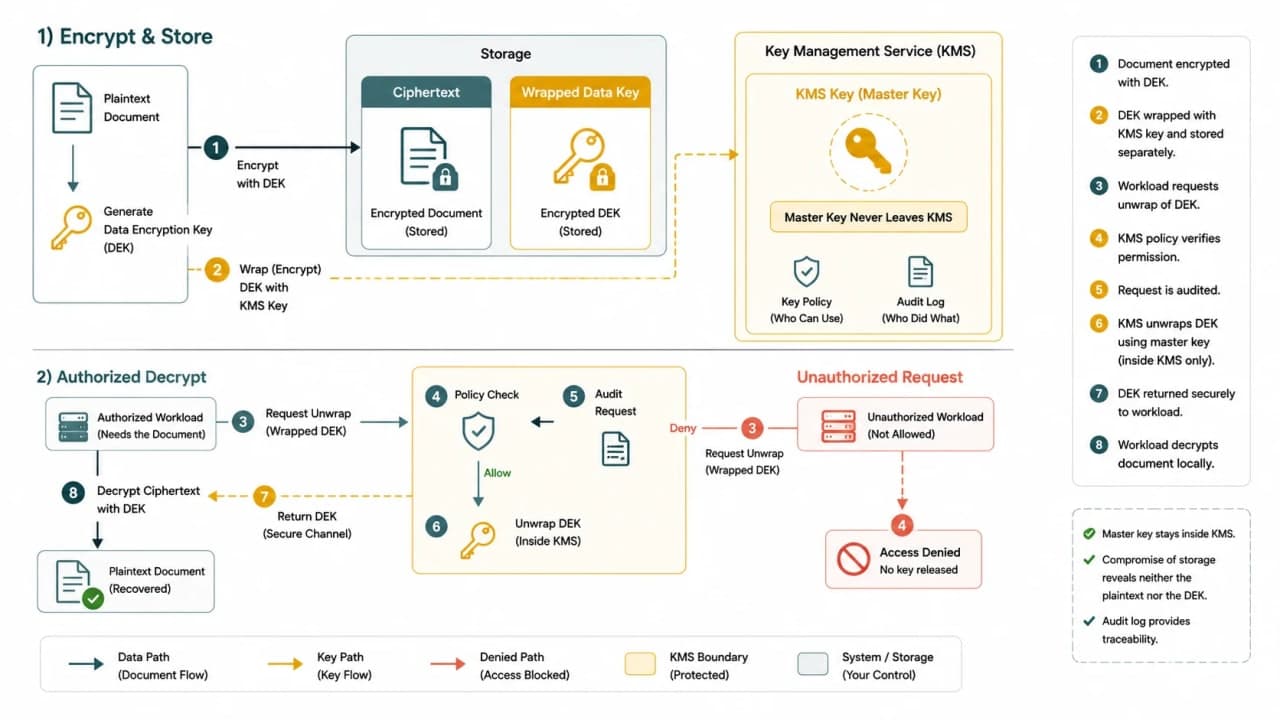 Envelope encryption diagram with plaintext, data encryption key, encrypted data, wrapped data key, KMS key, policy, and audit log.