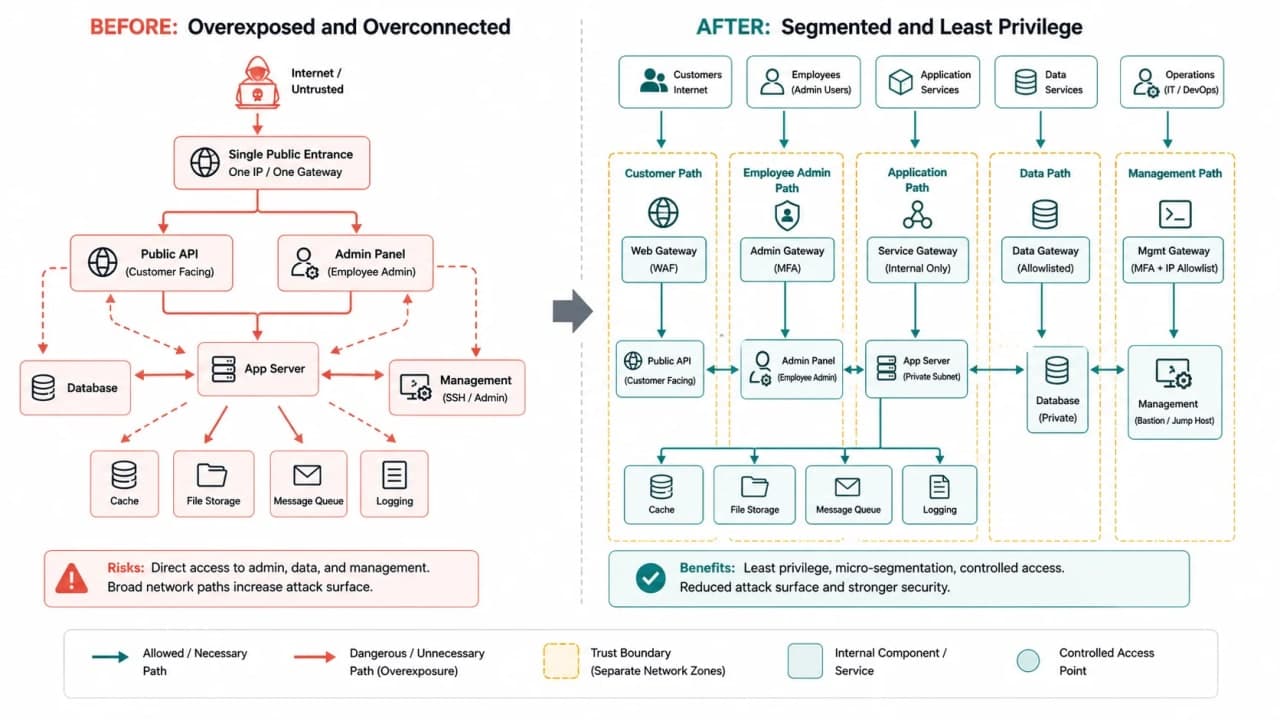 Before-and-after network diagram showing dangerous public paths to an admin panel and database, then separate customer, application, data, and management paths.