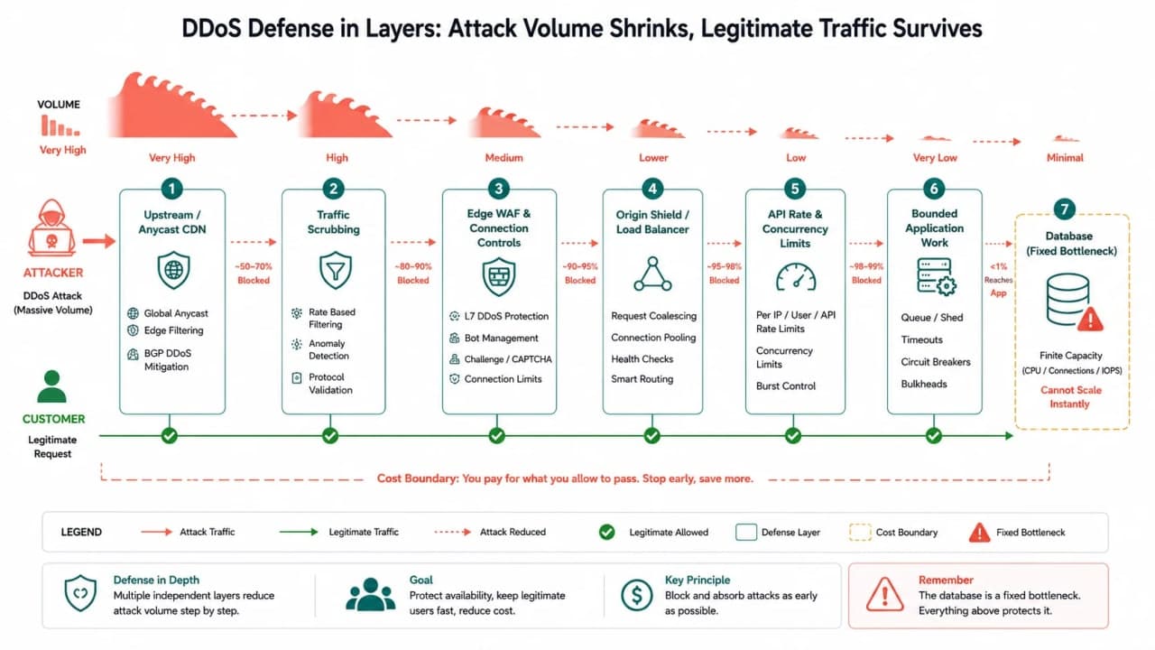 Layered DDoS defence from internet bandwidth and Anycast edge through scrubbing, WAF, rate limits, load balancing, and bounded application work.