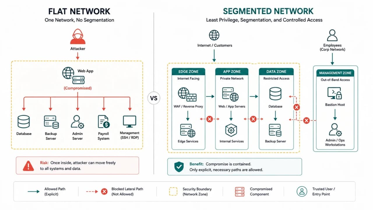 Comparison of a flat network where a compromised web server reaches every system and segmented zones that restrict lateral movement.