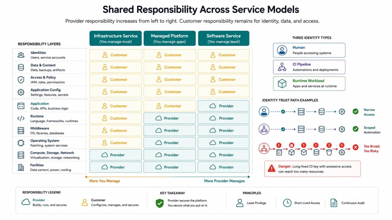 Cloud shared-responsibility diagram comparing infrastructure, managed platform, and software services with human, CI, and workload identity boundaries.