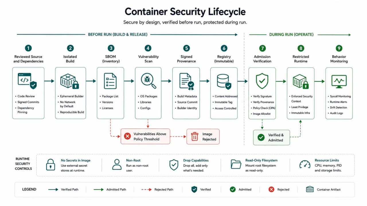 Container supply-chain and runtime flow from source and dependencies through SBOM, scanning, signing, admission, non-root execution, restricted capabilities, and monitoring.