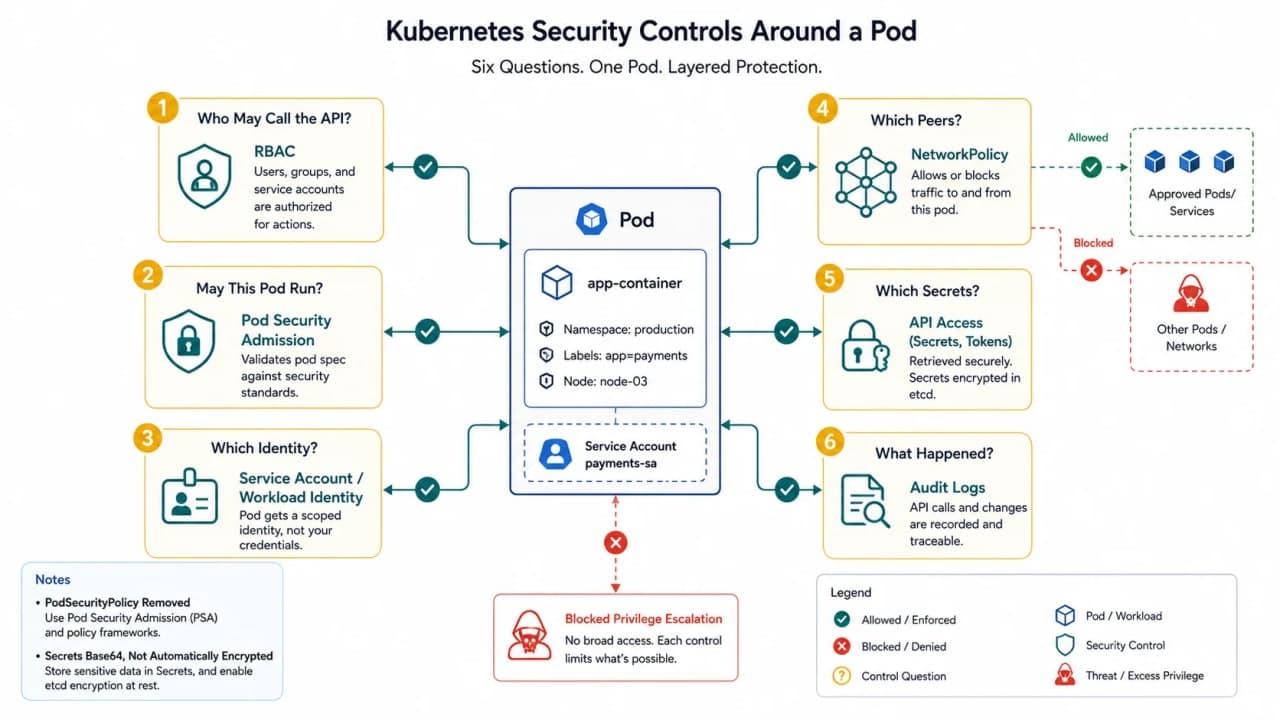 Kubernetes pod surrounded by separate controls for API RBAC, pod admission, workload identity, network paths, secret access, and audit evidence.