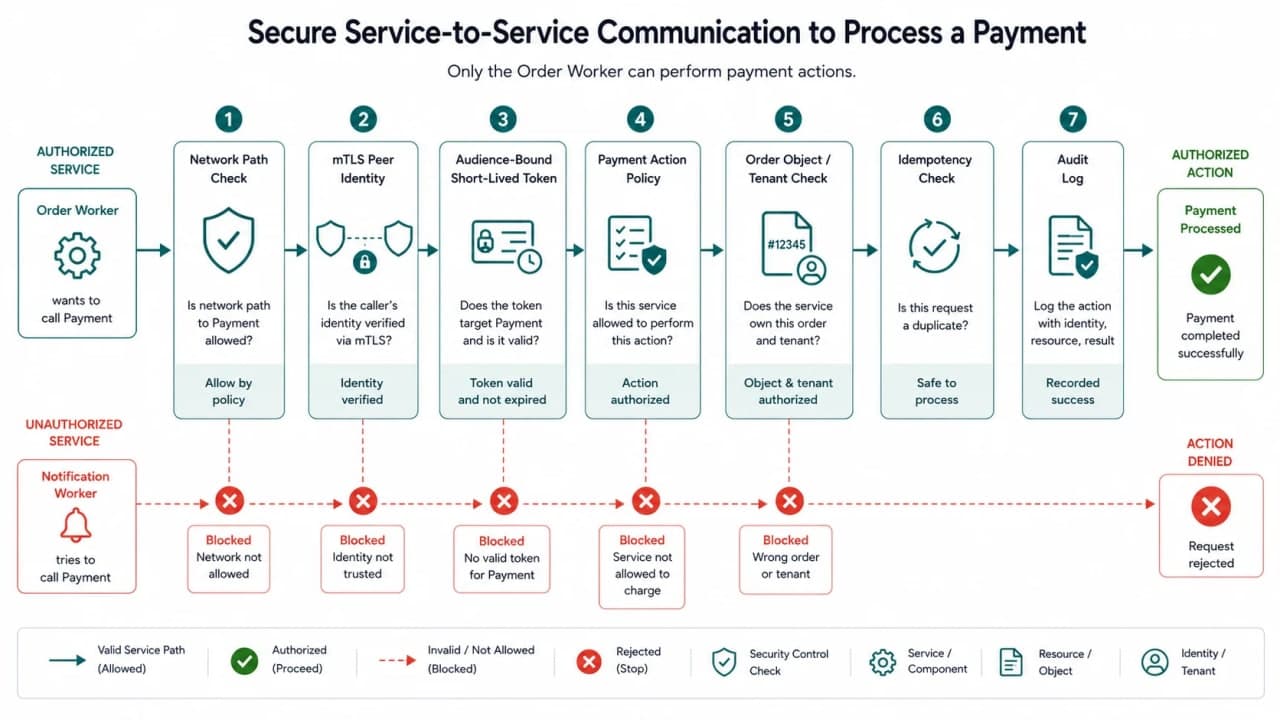 Order worker calling payment service through NetworkPolicy, mTLS, service token validation, action and order authorization, replay protection, and audit logging.