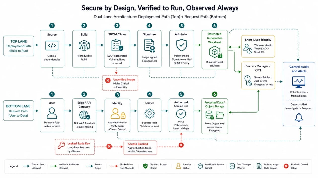 Secure cloud architecture with verified CI deployment into restricted Kubernetes workload, user API request through authorized services, protected object storage, secrets, and central logs.