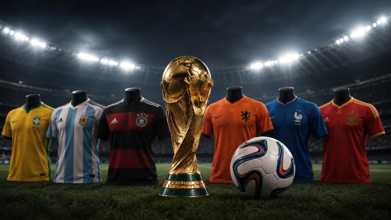 FIFA World Cup trophy, football and jerseys displayed under stadium lights