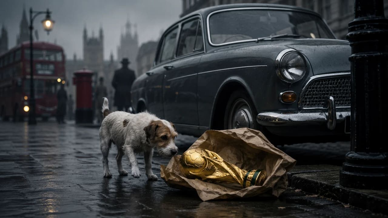 Dog discovering a wrapped World Cup trophy near a car