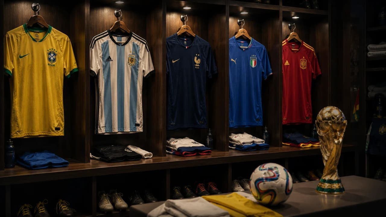 Iconic World Cup jerseys hanging in a locker room