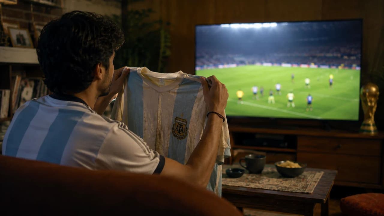 Football fan holding an old World Cup jersey while watching a match