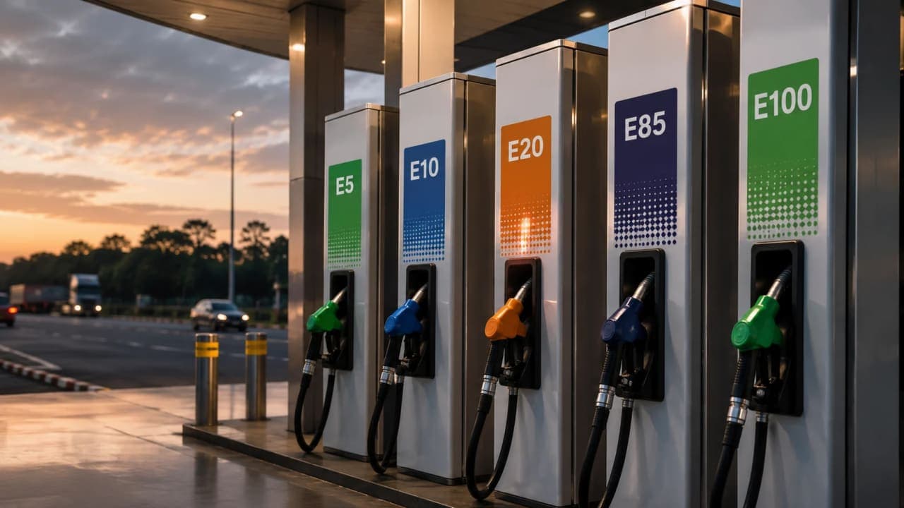 Fuel dispensers showing different ethanol-blended petrol variants.