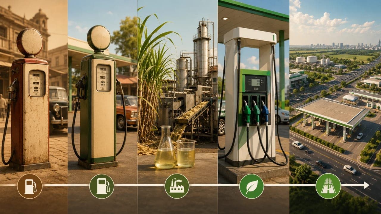 Timeline showing the evolution of ethanol-blended petrol.