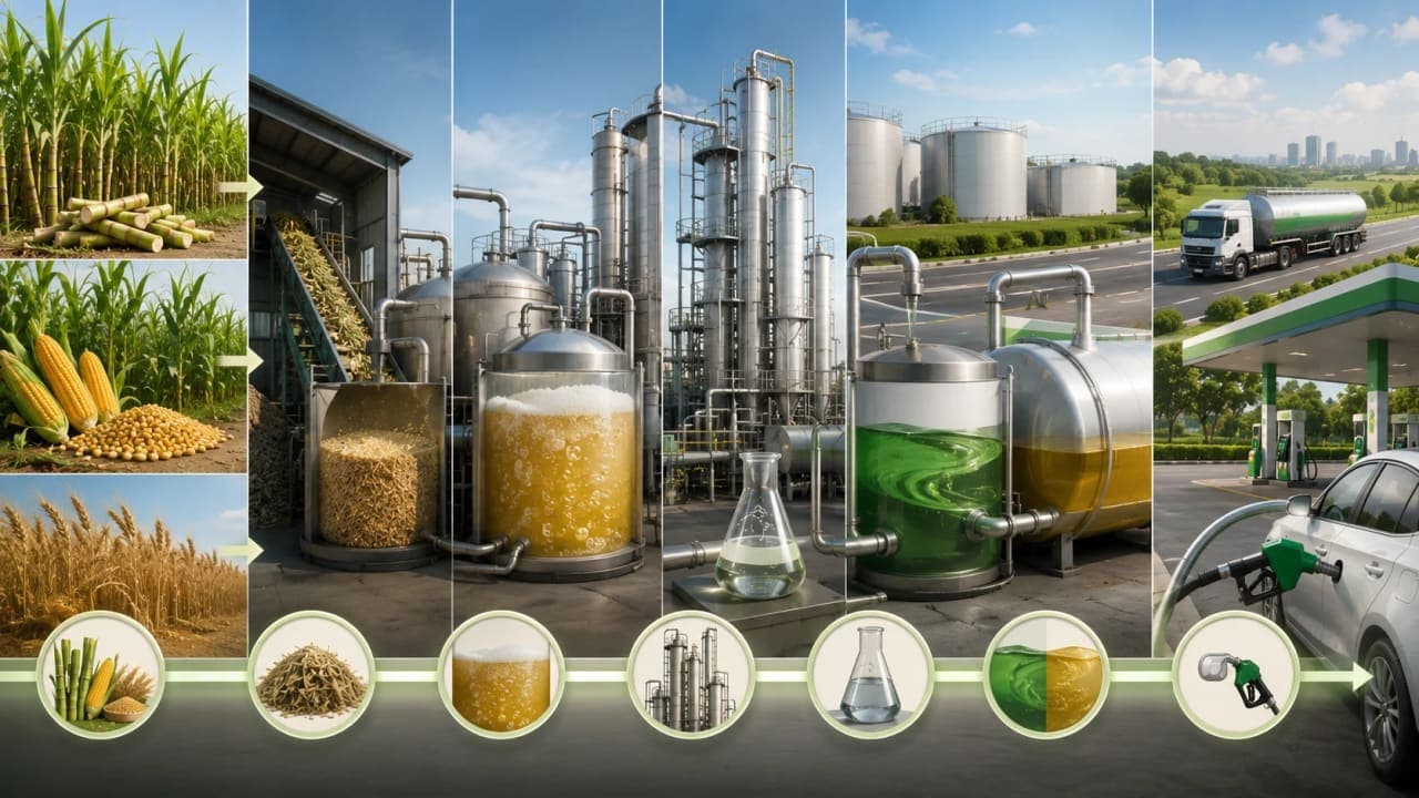 Illustration showing the ethanol production process.