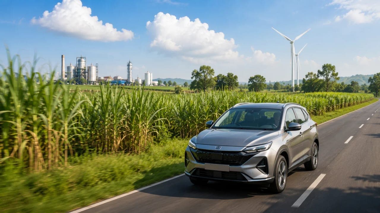Car driving through agricultural landscape representing renewable fuel.