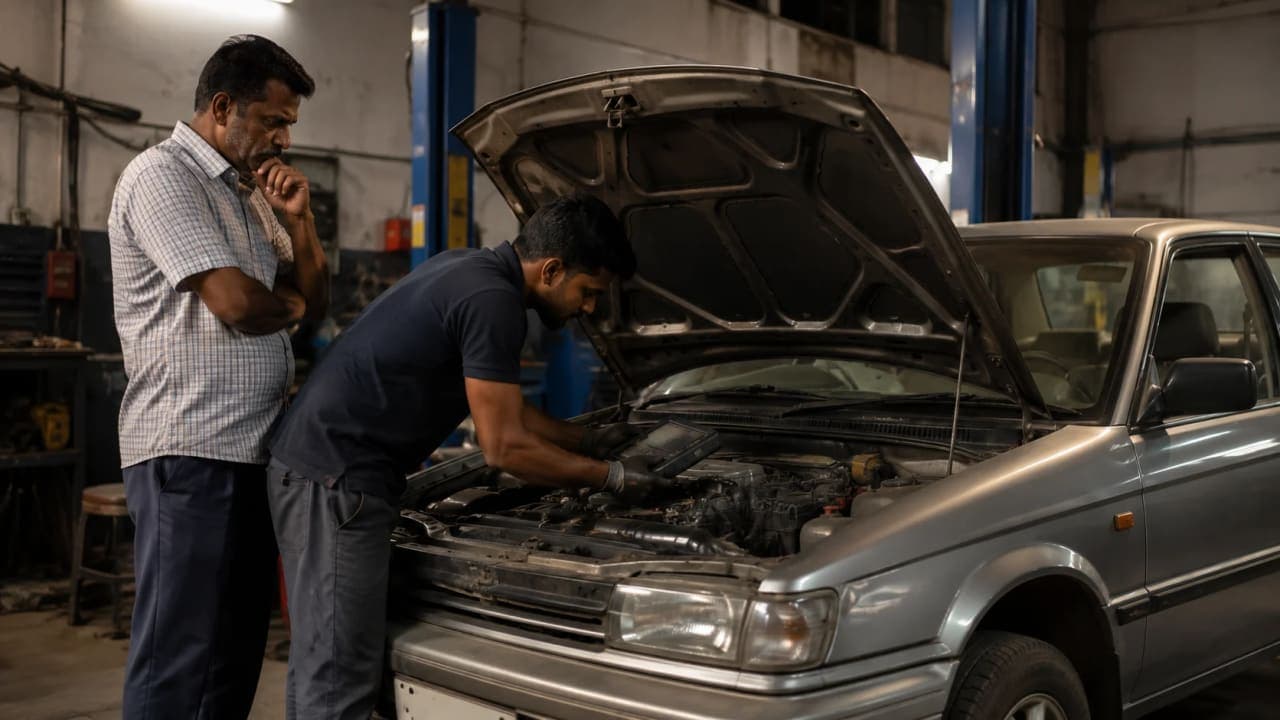 Mechanic inspecting an older vehicle in a service workshop.