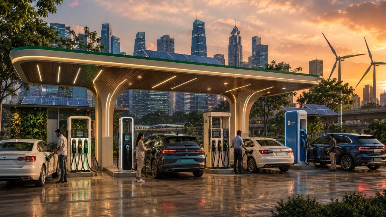 Future transport hub featuring multiple alternative fuel options.