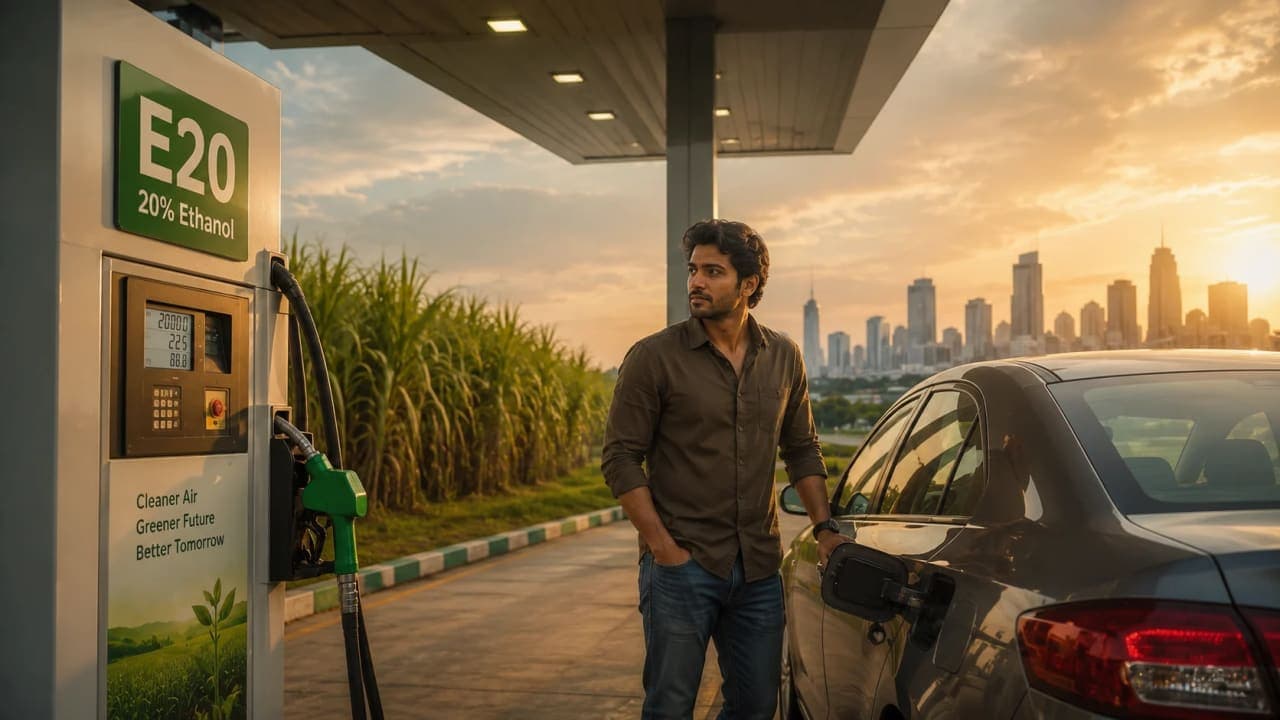 Indian driver standing beside an E20 petrol pump.