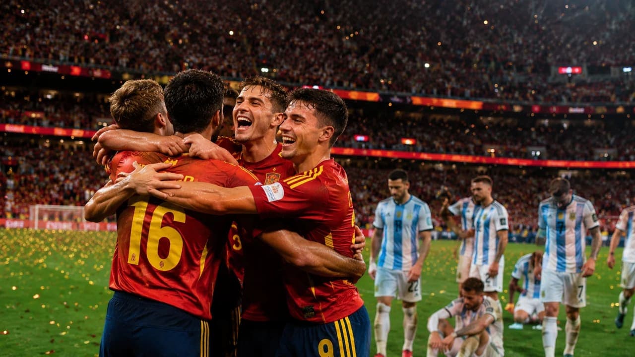 Spain players celebrate at the final whistle after beating Argentina in the FIFA World Cup 2026 Final.