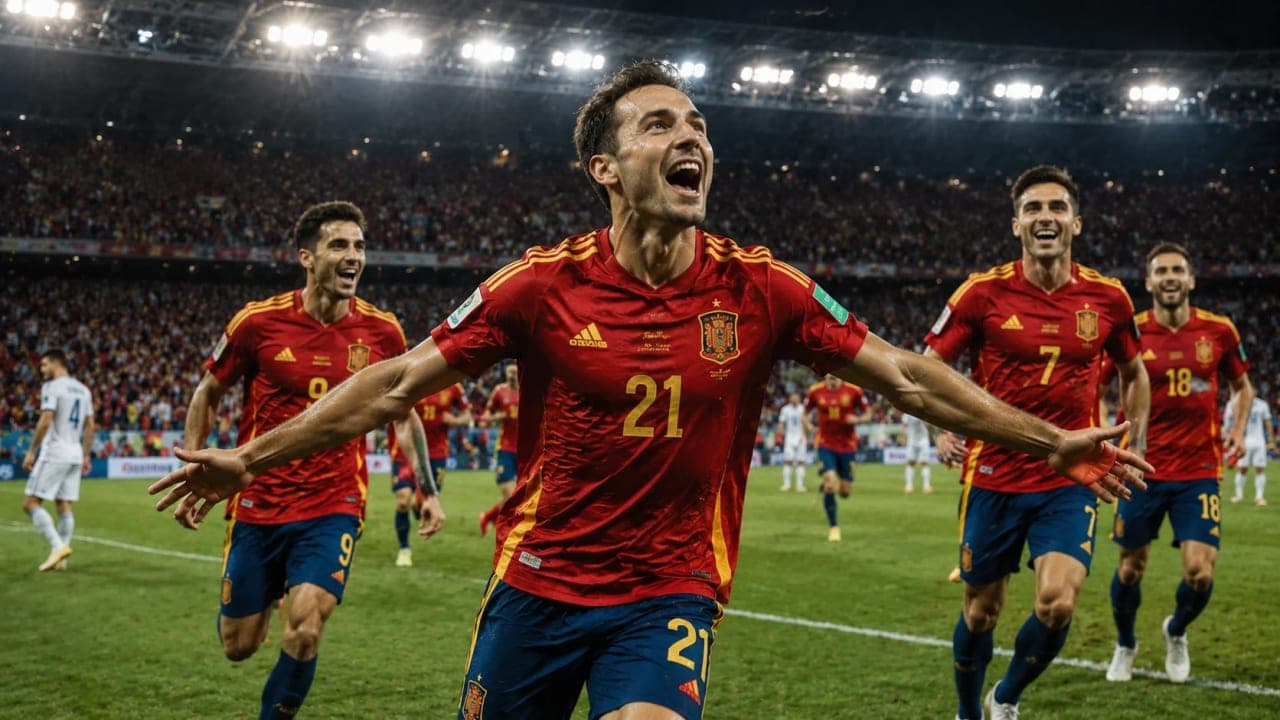 Mikel Oyarzabal celebrates for Spain during the FIFA World Cup 2026 semifinal against France.