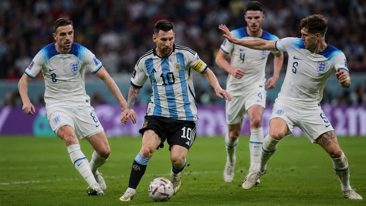 Lionel Messi attacks for Argentina against England in the FIFA World Cup 2026 semifinal.