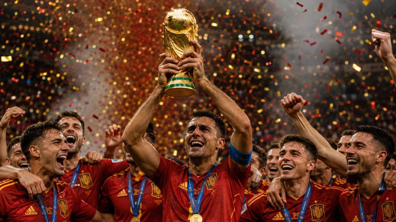 Spain captain Rodri lifts the FIFA World Cup trophy with teammates celebrating around him.