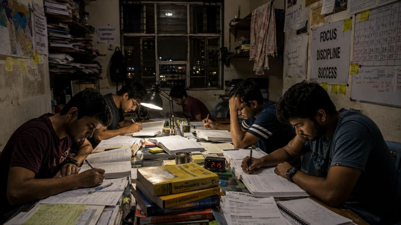 Students preparing for competitive examinations late at night.