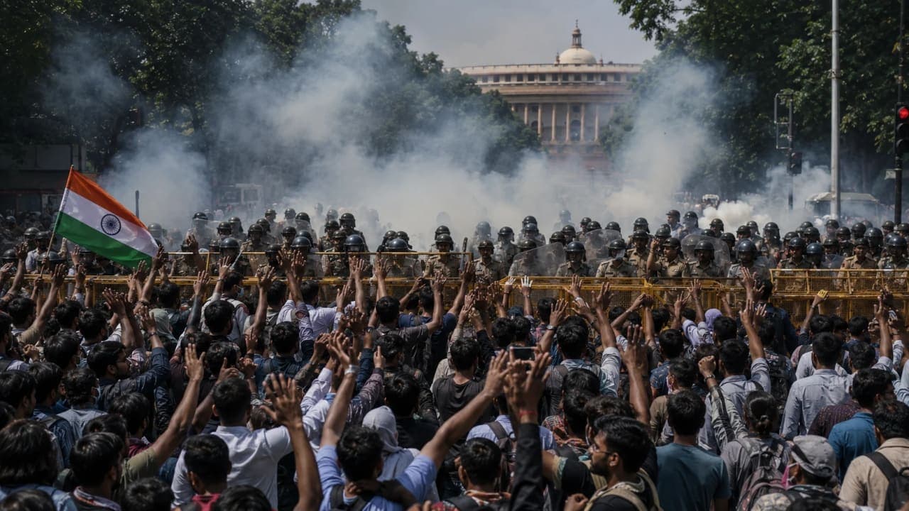 Security personnel and protesters during the Parliament march.