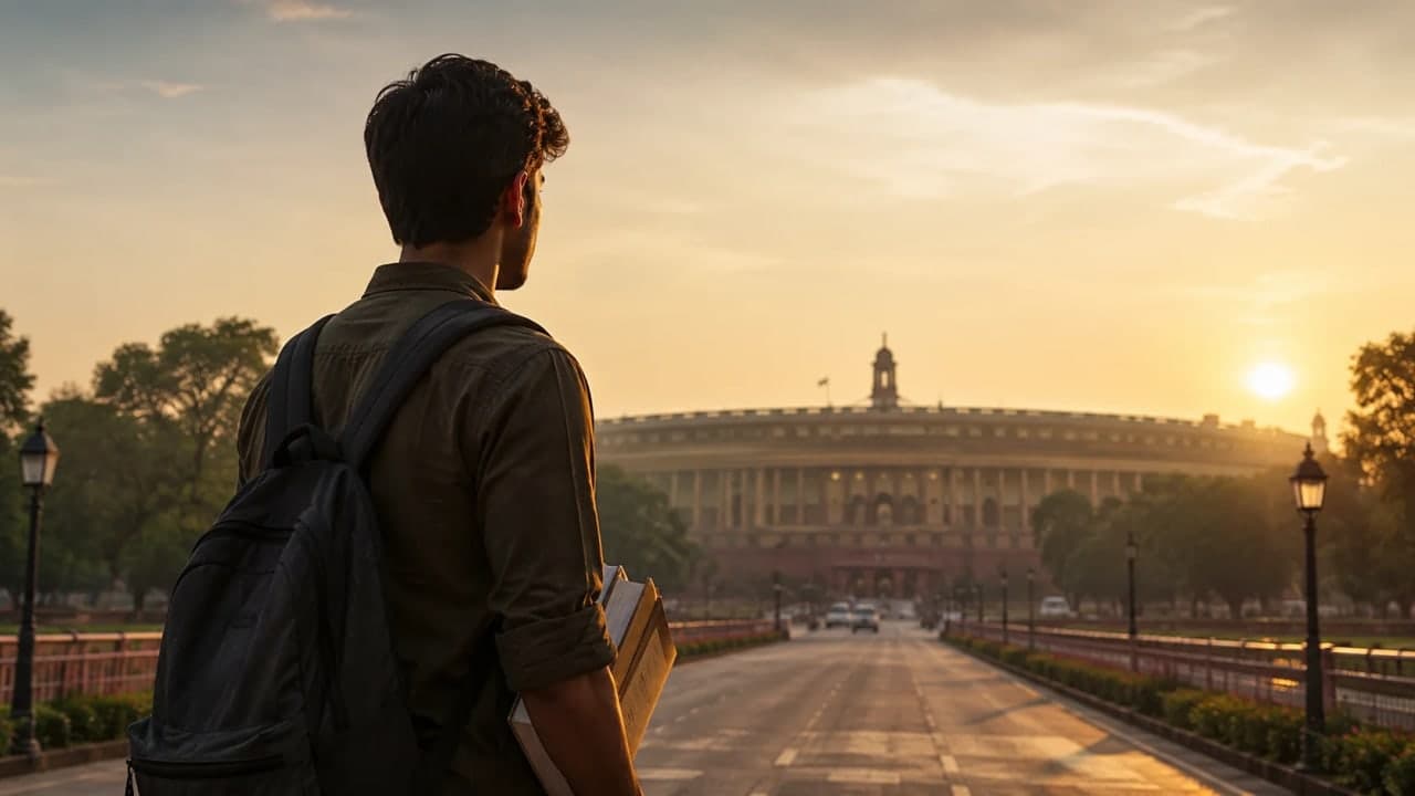 A student looking towards Parliament with hope for education reform.