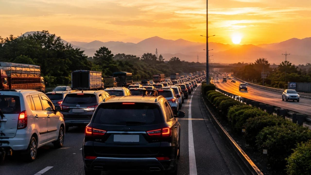 Heavy holiday traffic on the Delhi to Himachal highway.