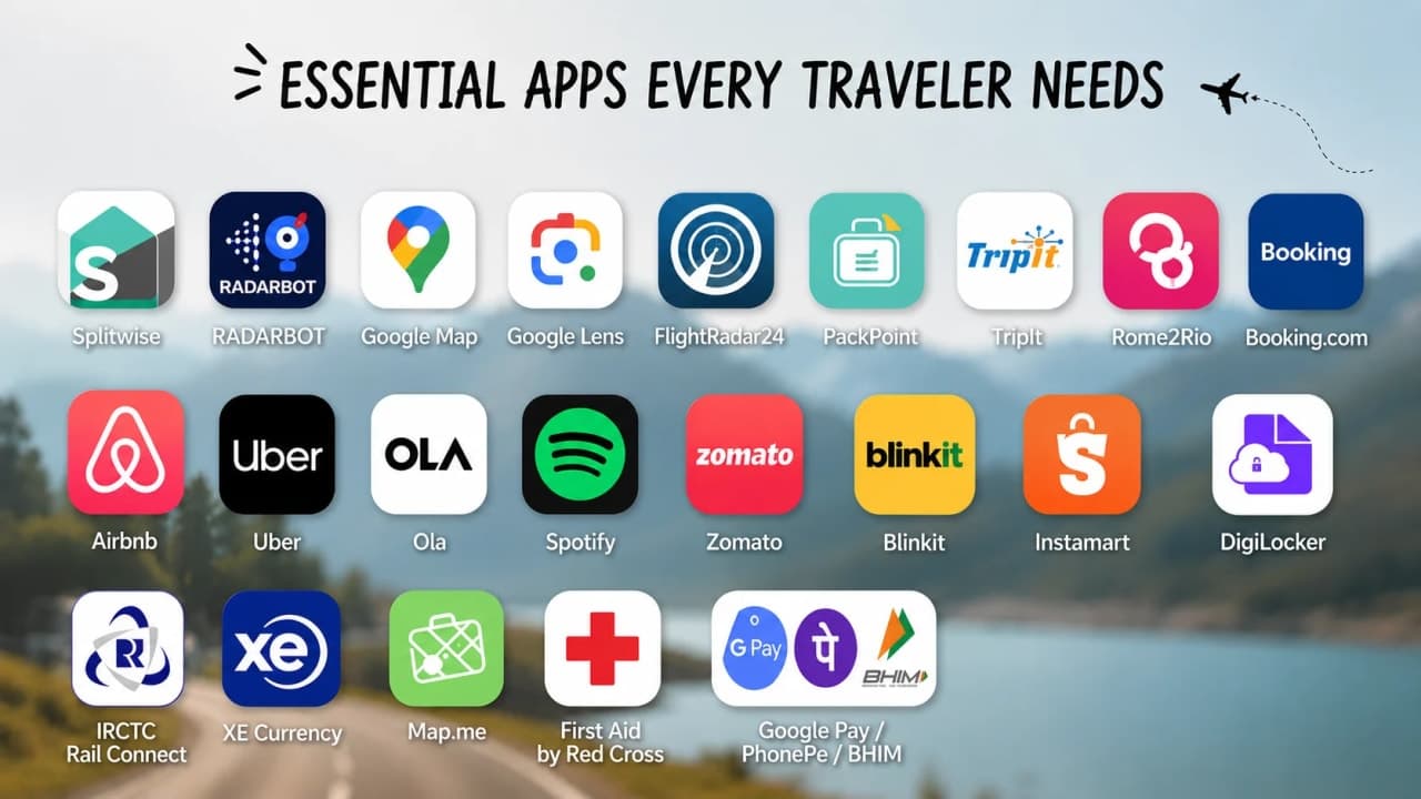 Traveller using essential travel apps before starting a trip.