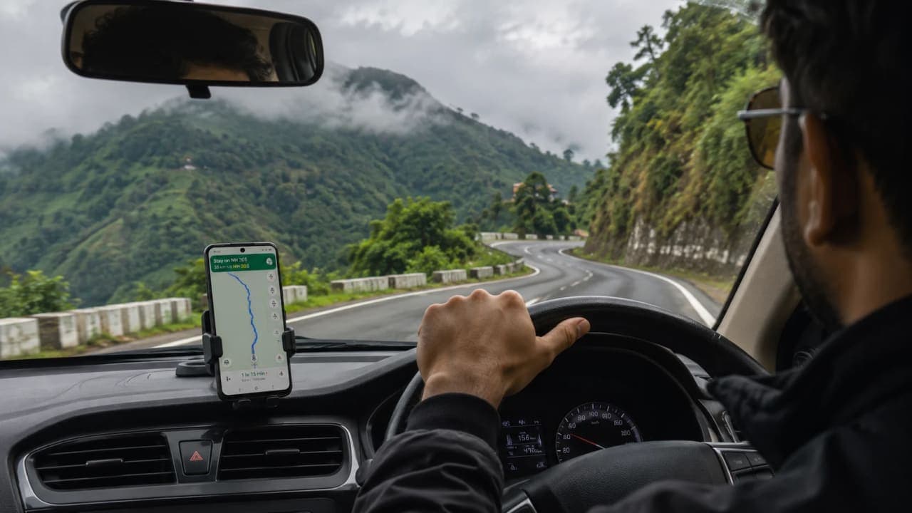 Traveller navigating mountain roads using a navigation app.