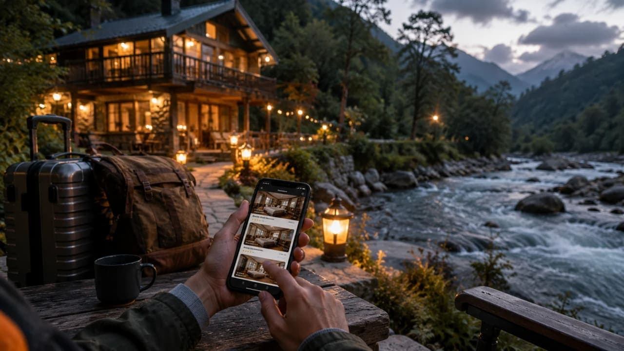 Booking accommodation through travel apps before a holiday.